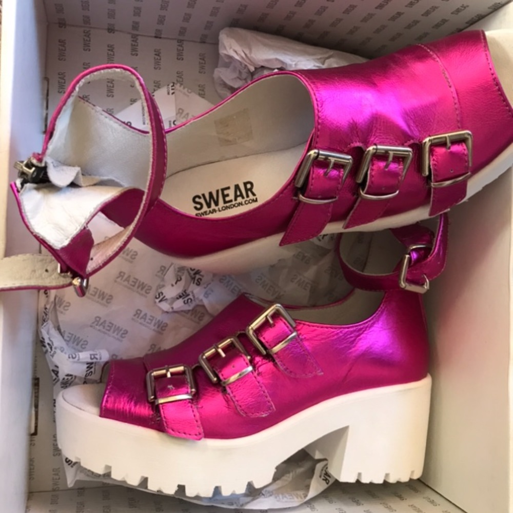 SWEAR. Hot Pink Leather Platform Sandals, Chunky Heel, Buckles & Zipper. Sz 8